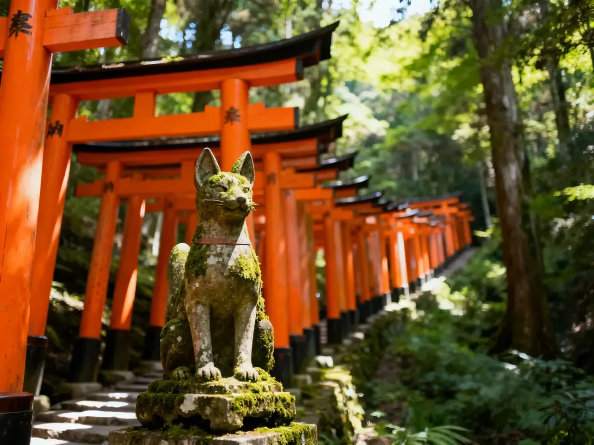 Ścieżka z pomarańczowymi bramami torii prowadząca przez las w Fushimi Inari, z kamienną figurą lisa na pierwszym planie.