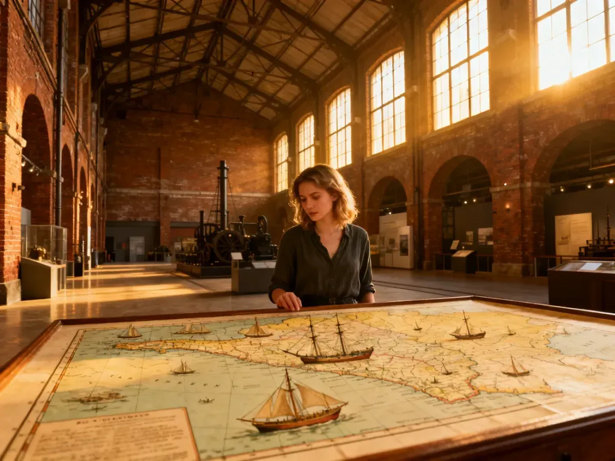 Zwiedzająca ogląda zabytkową mapę morską w przestronnych, industrialnych wnętrzach Muzeum Emigracji w Gdyni.