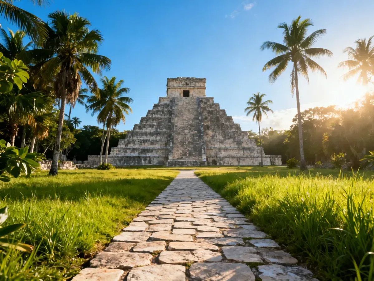 Majestatyczna piramida El Castillo w Chichén Itzá w otoczeniu tropikalnej zieleni pod bezchmurnym niebem.