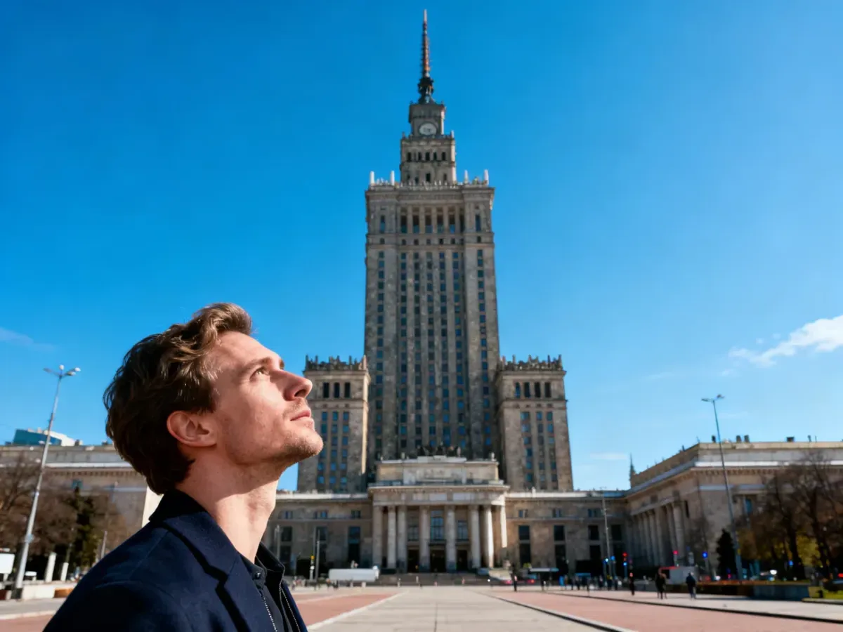 Mężczyzna stojący na placu przed Pałacem Kultury i Nauki w Warszawie, patrzący w górę na wieżowiec.