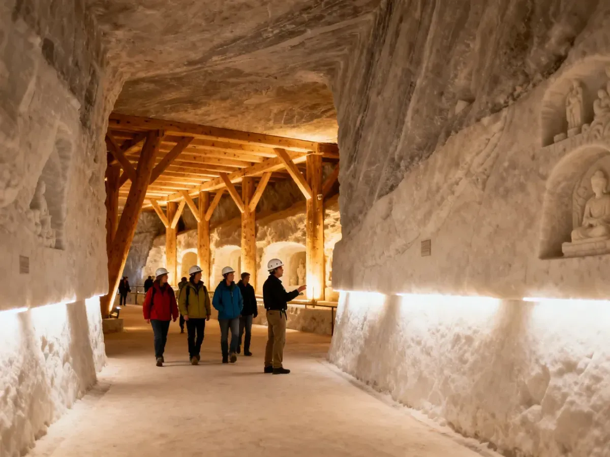 Turyści z przewodnikiem zwiedzają oświetlony korytarz Kopalni Soli w Wieliczce, w tle drewniane podpory i solne komory
