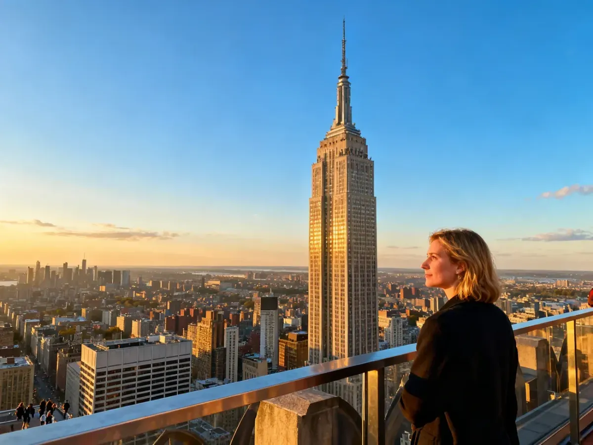 Kobieta podziwia panoramę miasta z tarasu widokowego na szczycie wieżowca Sky Tower w świetle zachodzącego słońca.