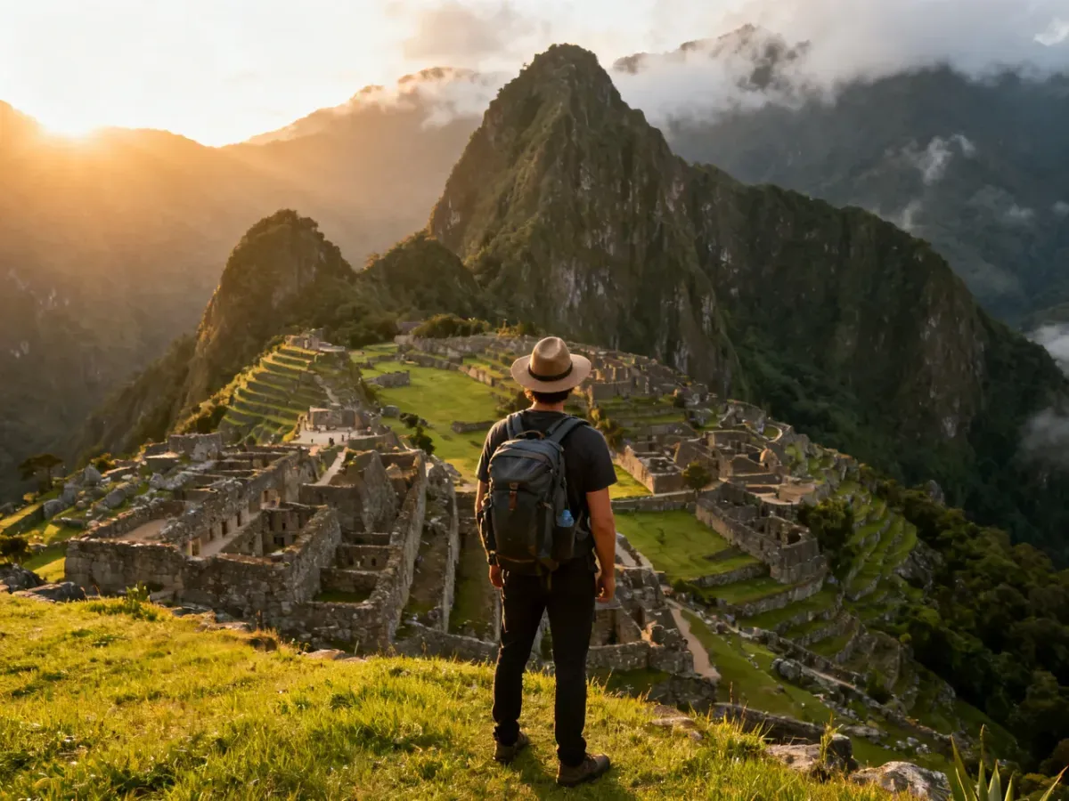 Podróżnik z plecakiem podziwia o świcie ruiny Machu Picchu na tle zielonych gór i mgieł, planując zwiedzanie Peru.