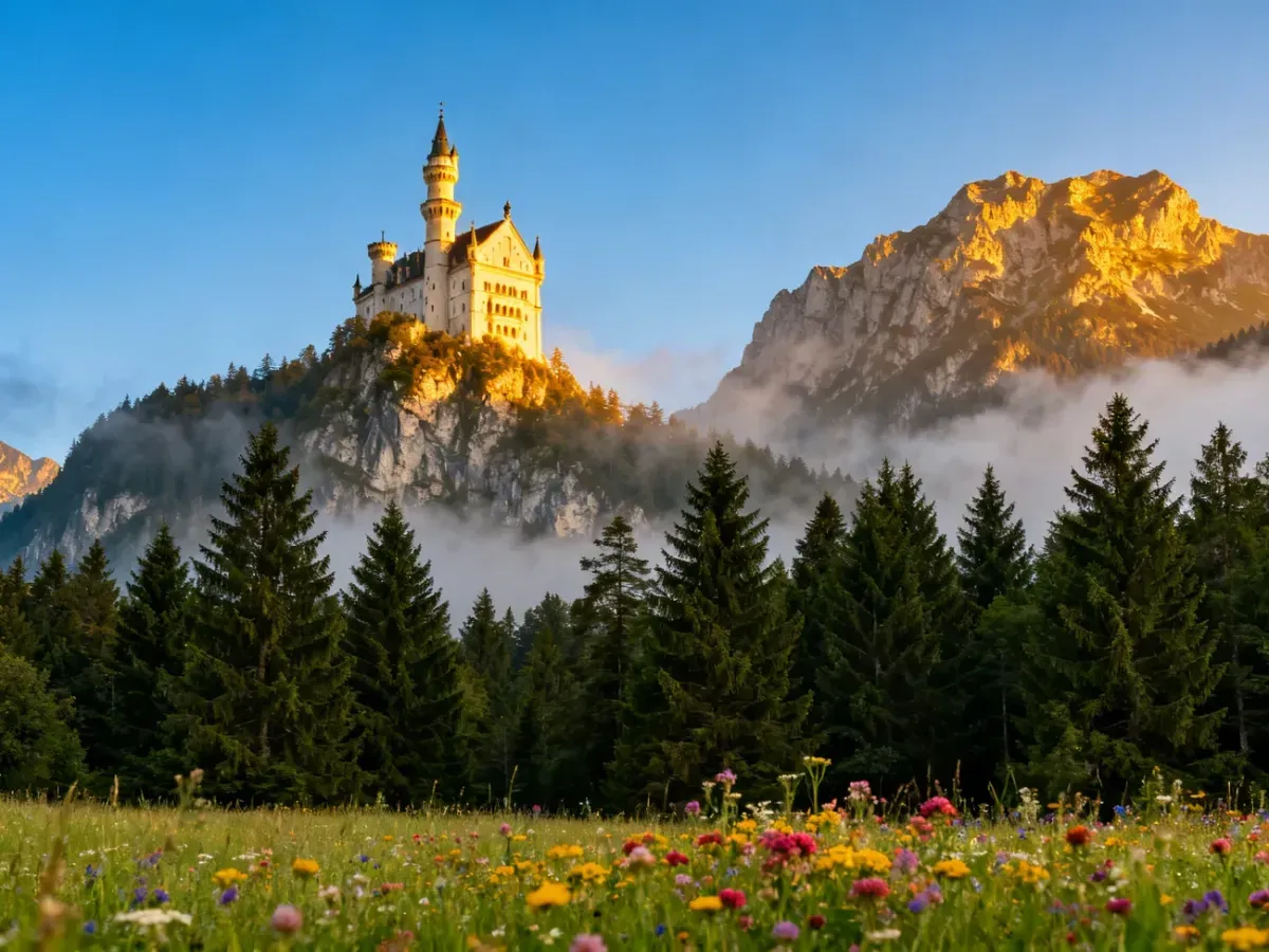 Zamek Neuschwanstein malowniczo położony na szczycie góry w Alpach Bawarskich, otoczony lasem i górskim krajobrazem.