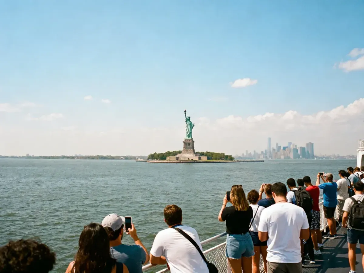 Turyści na promie fotografujący Statuę Wolności na tle wody i panoramy Manhattanu w słoneczny dzień