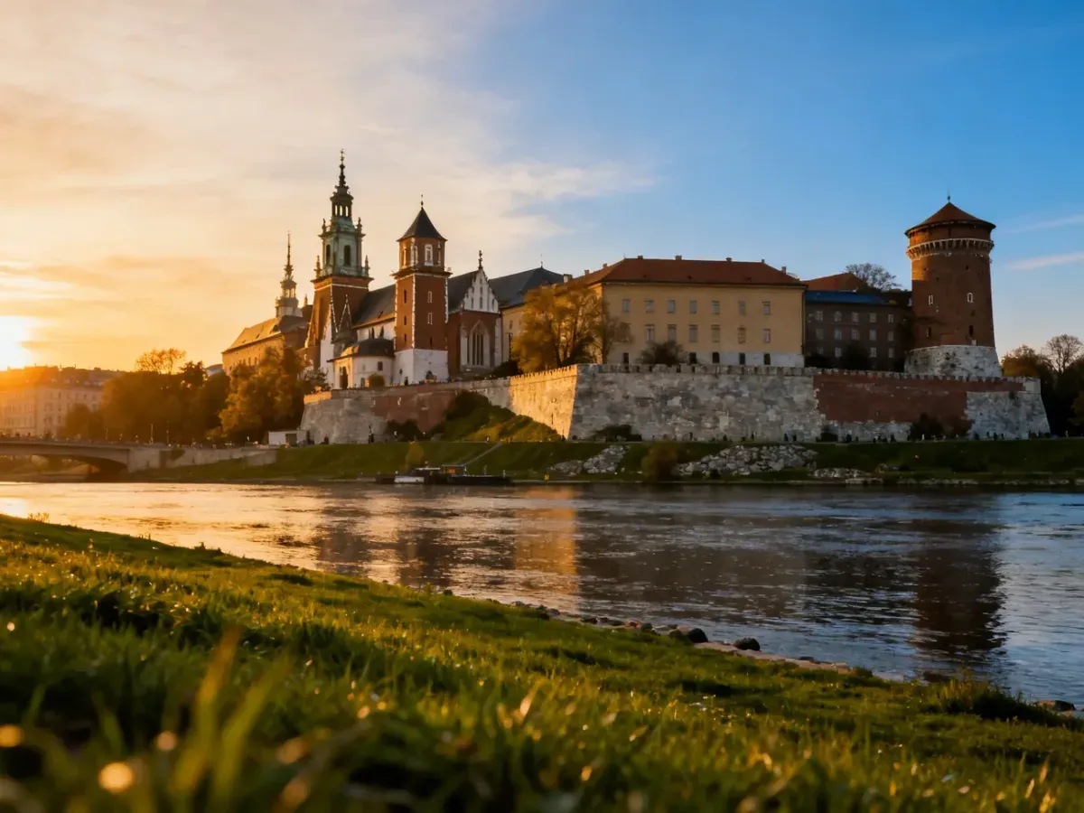 Zamek Królewski na Wawelu o zachodzie słońca z widokiem na zielony brzeg Wisły.
