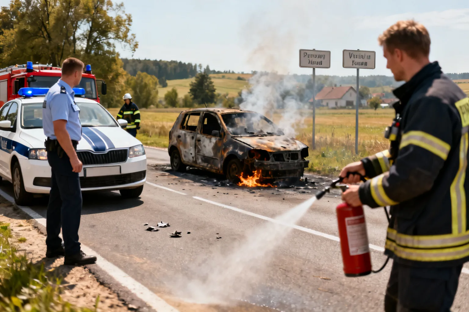 Policjant ugasił płonący pojazd na DK15 między Ryńskie a Smykowo