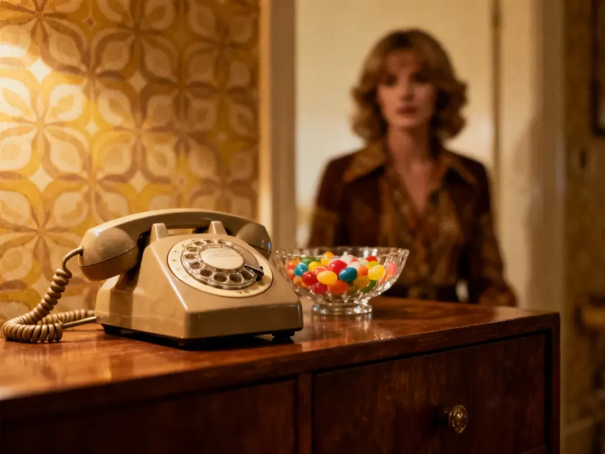Wnętrze salonu z lat 70. z telefonem tarczowym i retro dodatkami, oddające klimat wystawy w Muzeum Życia w PRL.