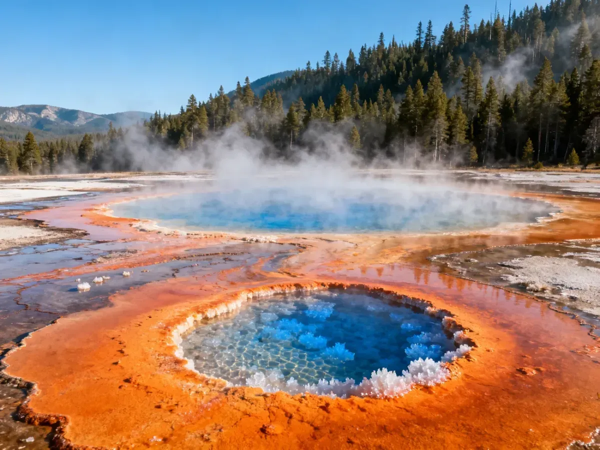 Kolorowe gorące źródło w Parku Narodowym Yellowstone z parującymi osadami mineralnymi na tle lasu i gór.