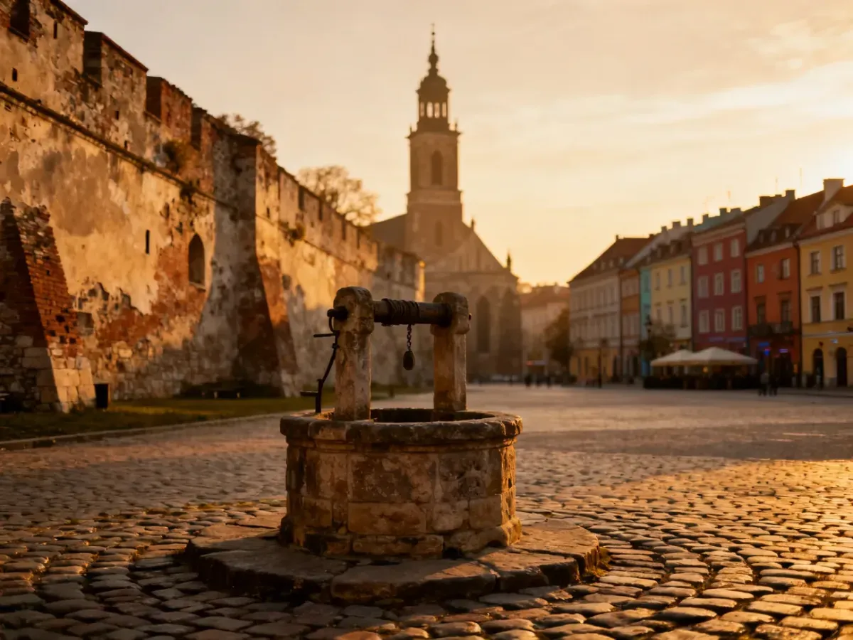 Zabytkowy rynek w polskim mieście o zachodzie słońca, z widocznymi murami obronnymi i wieżą romańskiego kościoła.
