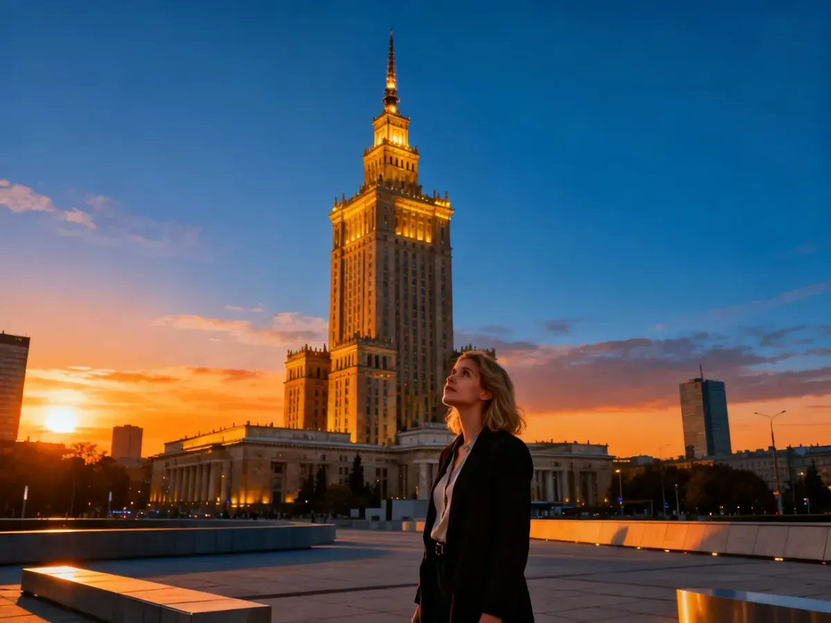 Kobieta podziwiająca Pałac Kultury i Nauki w Warszawie podczas zachodu słońca. Budynek oświetlony ciepłym, złotym światłem.