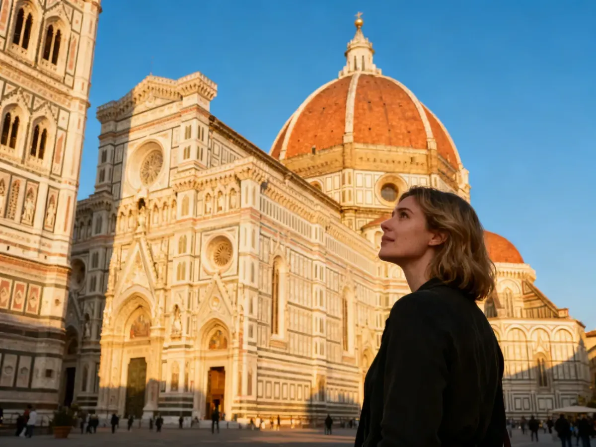 Turystka podziwiająca monumentalną katedrę Santa Maria del Fiore we Florencji w świetle zachodzącego słońca.