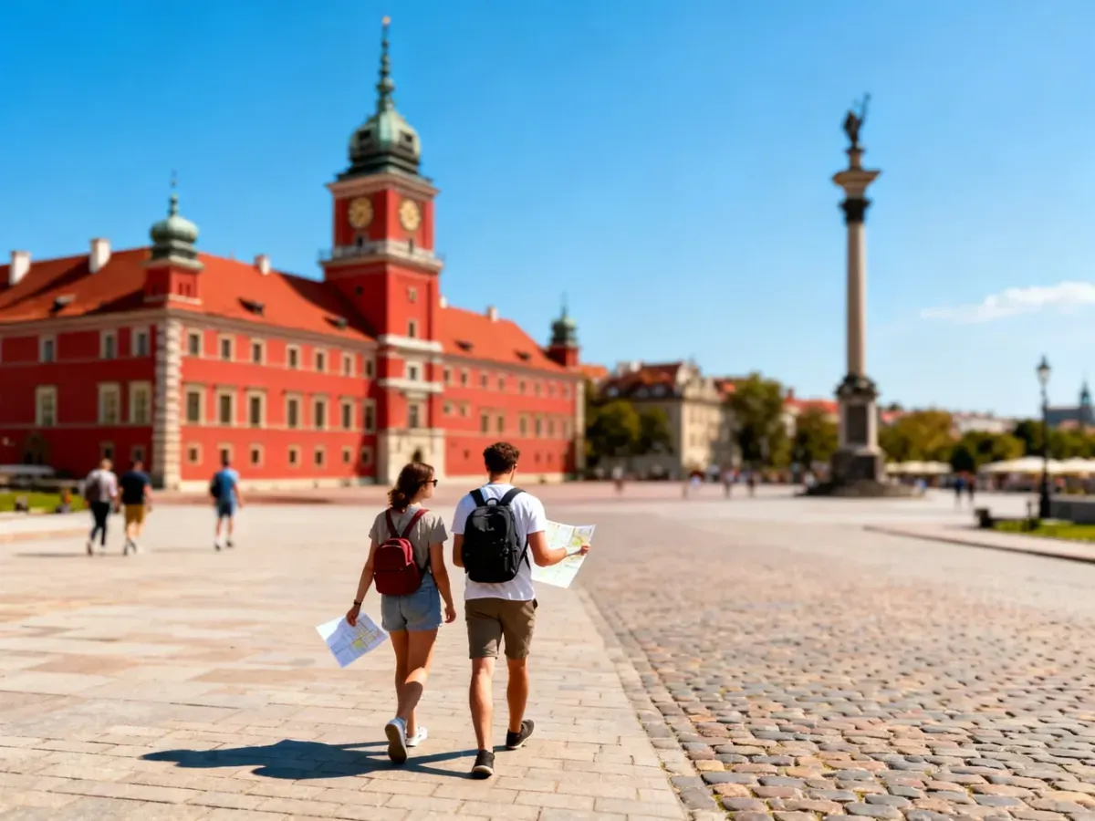 Para z mapą spaceruje po brukowanym placu w stronę Zamku Królewskiego w Warszawie w słoneczny, pogodny dzień