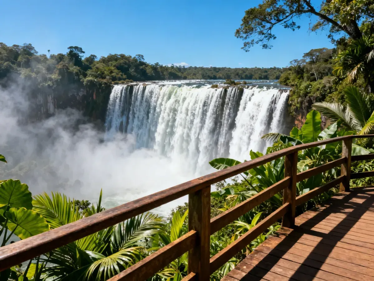 Panoramiczny widok na potężne wodospady Iguazú otoczone bujną roślinnością tropikalną, widziane z drewnianego pomostu.
