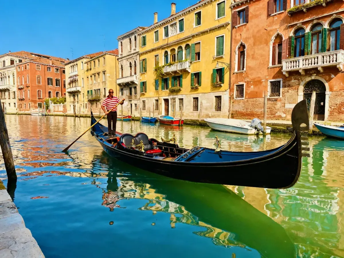 Gondolier płynący tradycyjną gondolą po Canale Grande w Wenecji na tle zabytkowych kamienic w słoneczny dzień.
