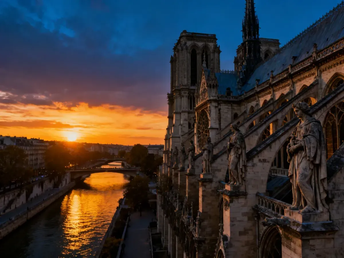 Katedra Notre-Dame o zachodzie słońca z widocznymi detalami gotyckiej architektury i odbiciem w rzece Sekwanie.