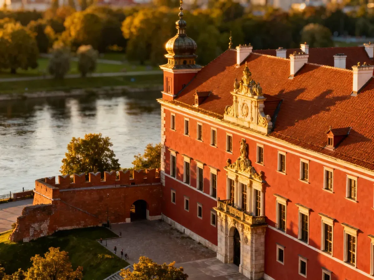 Zamek Królewski w Warszawie o zachodzie słońca, z widokiem na ceglaną fasadę i panoramę Wisły w tle.