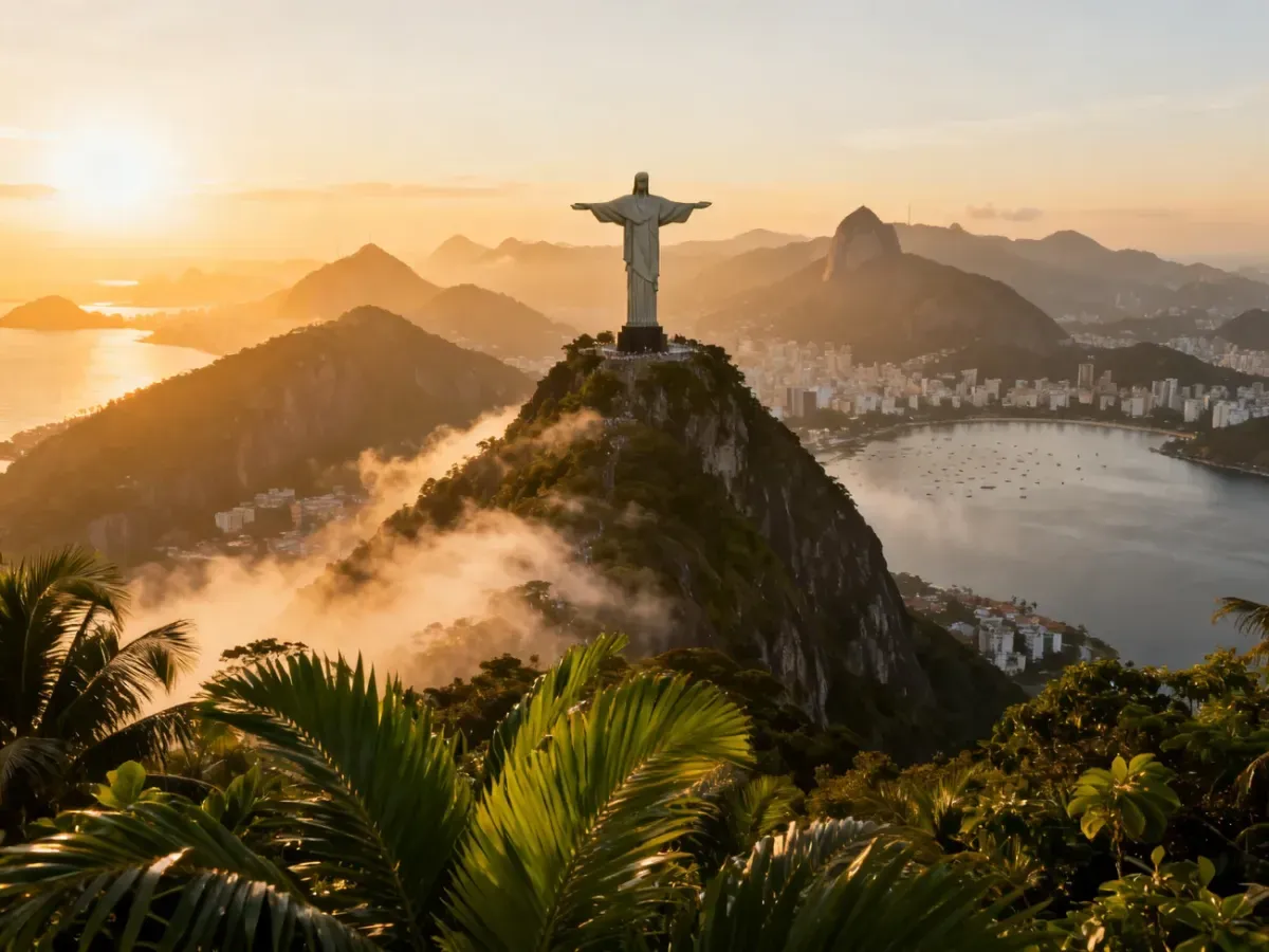 Pomnik Chrystusa Odkupiciela na szczycie góry Corcovado o wschodzie słońca z panoramą Rio de Janeiro w tle.