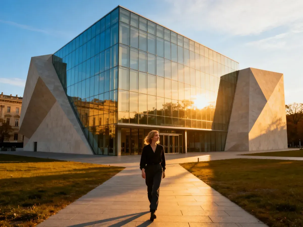 Nowoczesna, szklana fasada Muzeum POLIN w świetle zachodzącego słońca oraz kobieta idąca w stronę głównego wejścia.