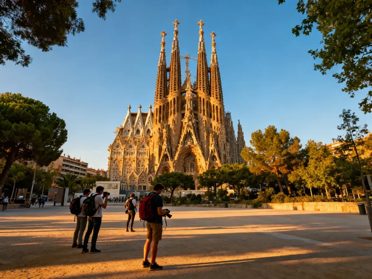 Bazylika Sagrada Família oświetlona złotą godziną, strzeliste wieże nad placem z turystami, spokojna atmosfera zwiedzania