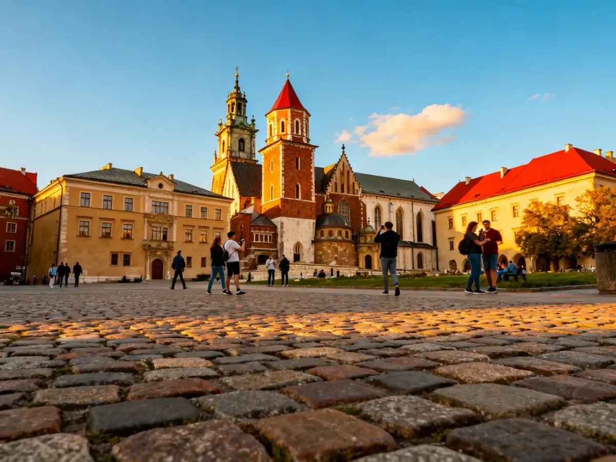 Dziedziniec Wawelu w słoneczne popołudnie, turyści spacerują przed zamkiem z wieżami i czerwonymi dachami