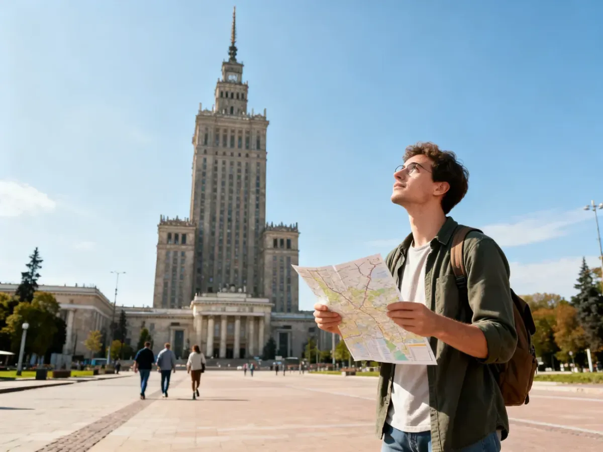 Turysta z mapą na placu przed Pałacem Kultury i Nauki w Warszawie w słoneczny dzień, gotowy do zwiedzania.