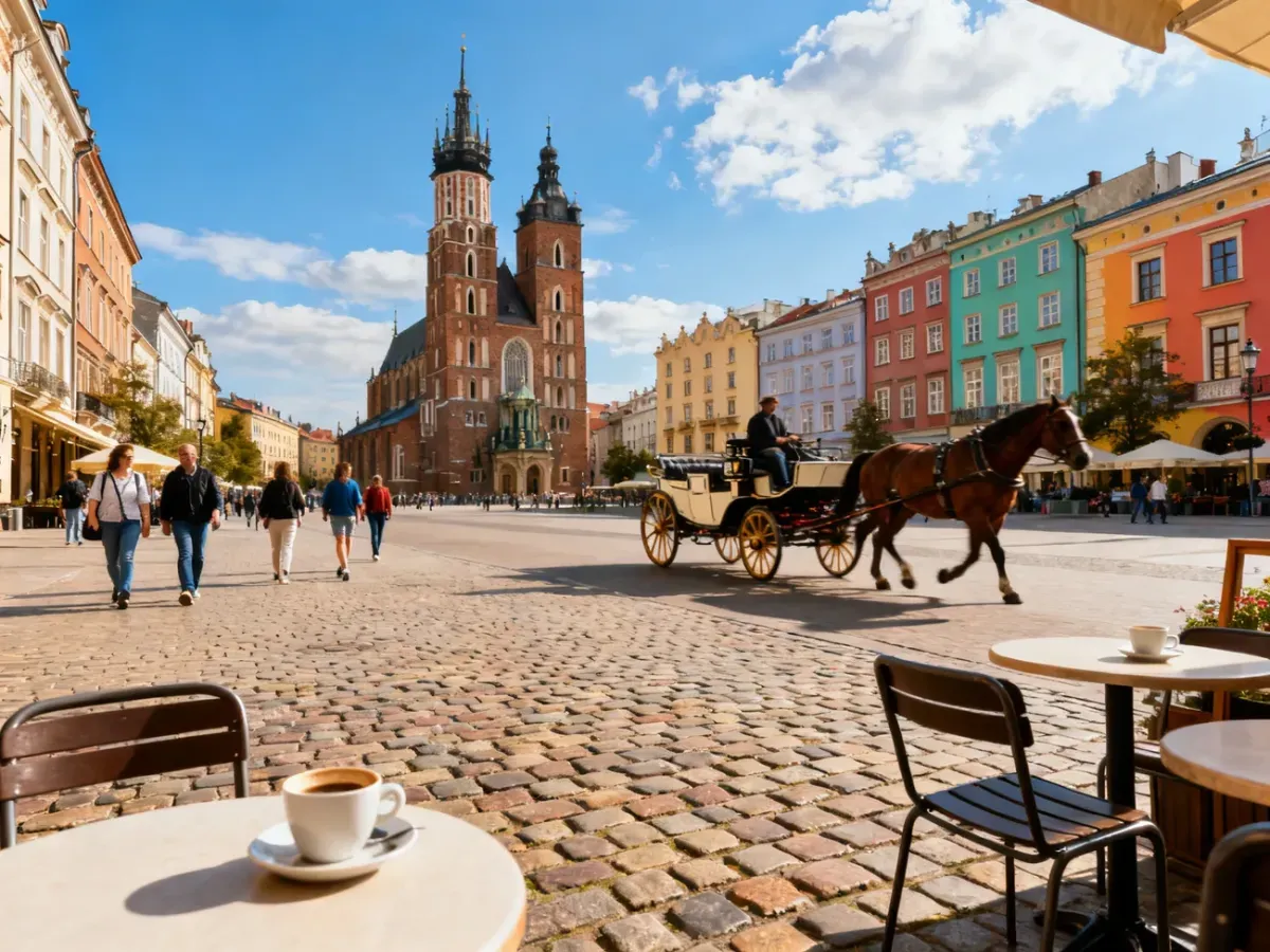 Rynek Główny w Krakowie w słoneczny dzień, widok na Mariacki, Sukiennice i dorożkę, idealny start zwiedzania krok po kroku