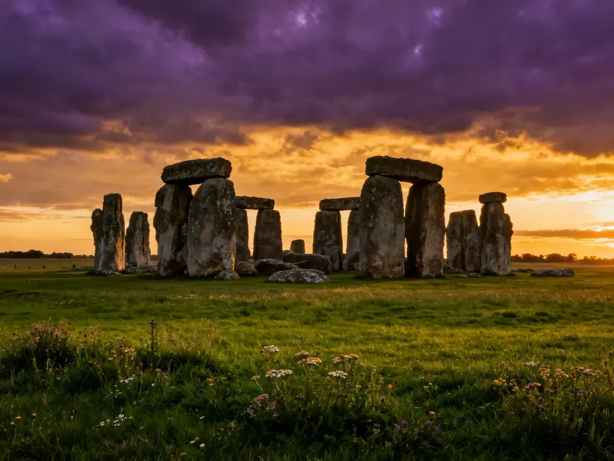 Starożytny krąg Stonehenge o zachodzie słońca z malowniczym niebem w tle. Megalityczne głazy na tle złocistego horyzontu.